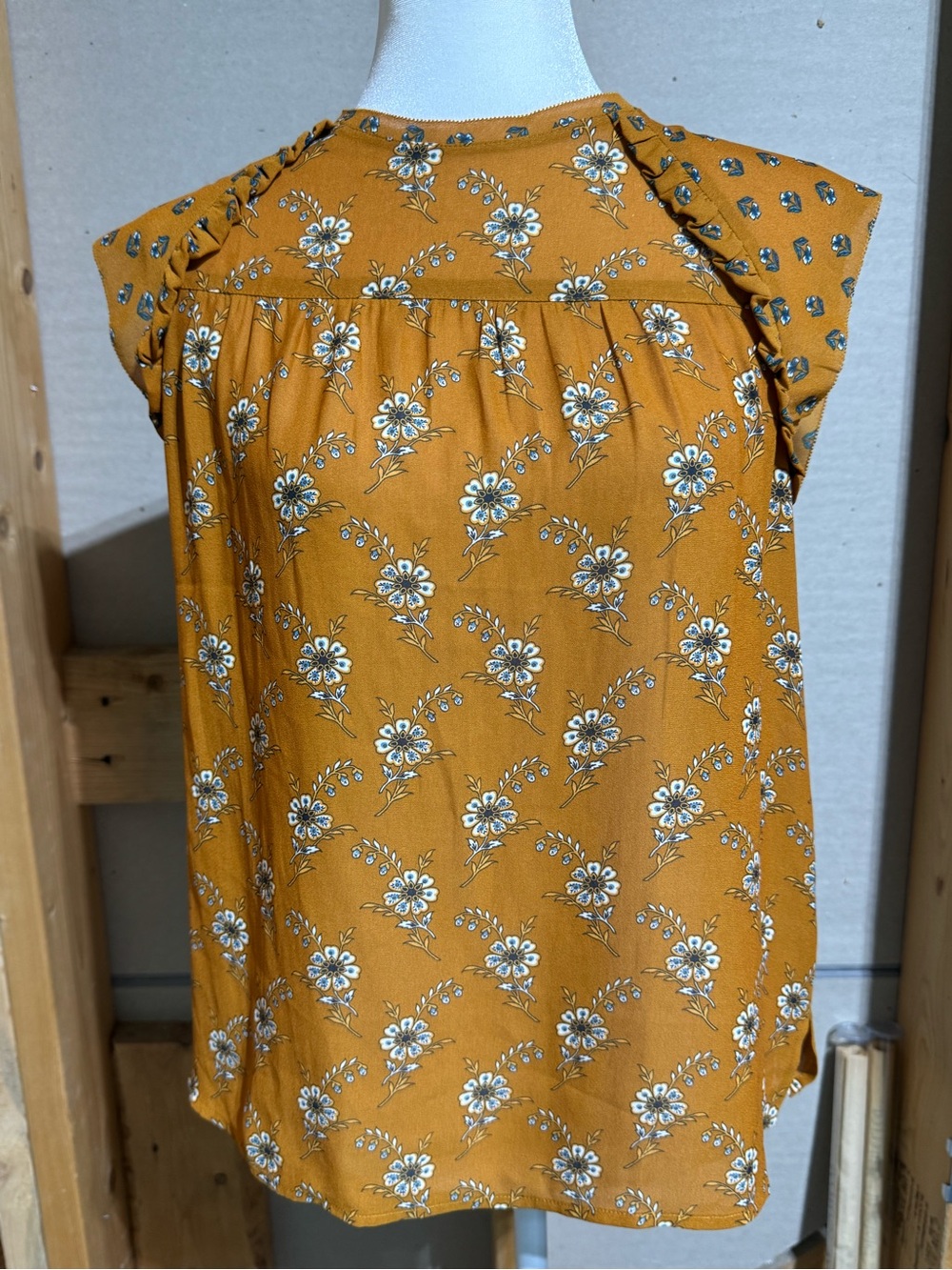 LOFT Mustard Floral Ruffle Sleeve Blouse